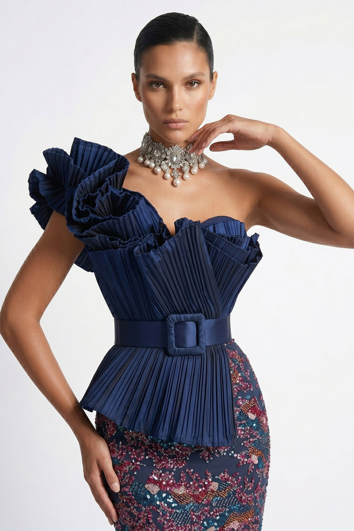 Belted One-Shoulder Pleated Sequinned Dress