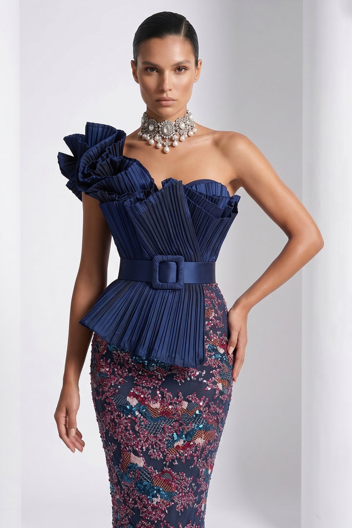 Belted One-Shoulder Pleated Sequinned Dress