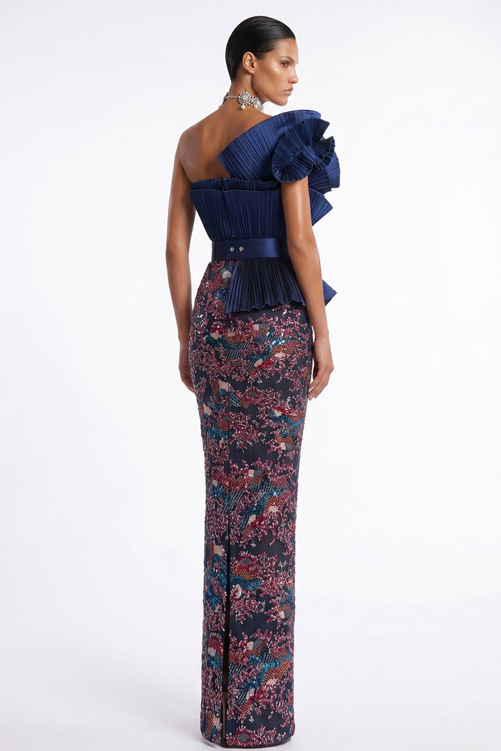Belted One-Shoulder Pleated Sequinned Dress