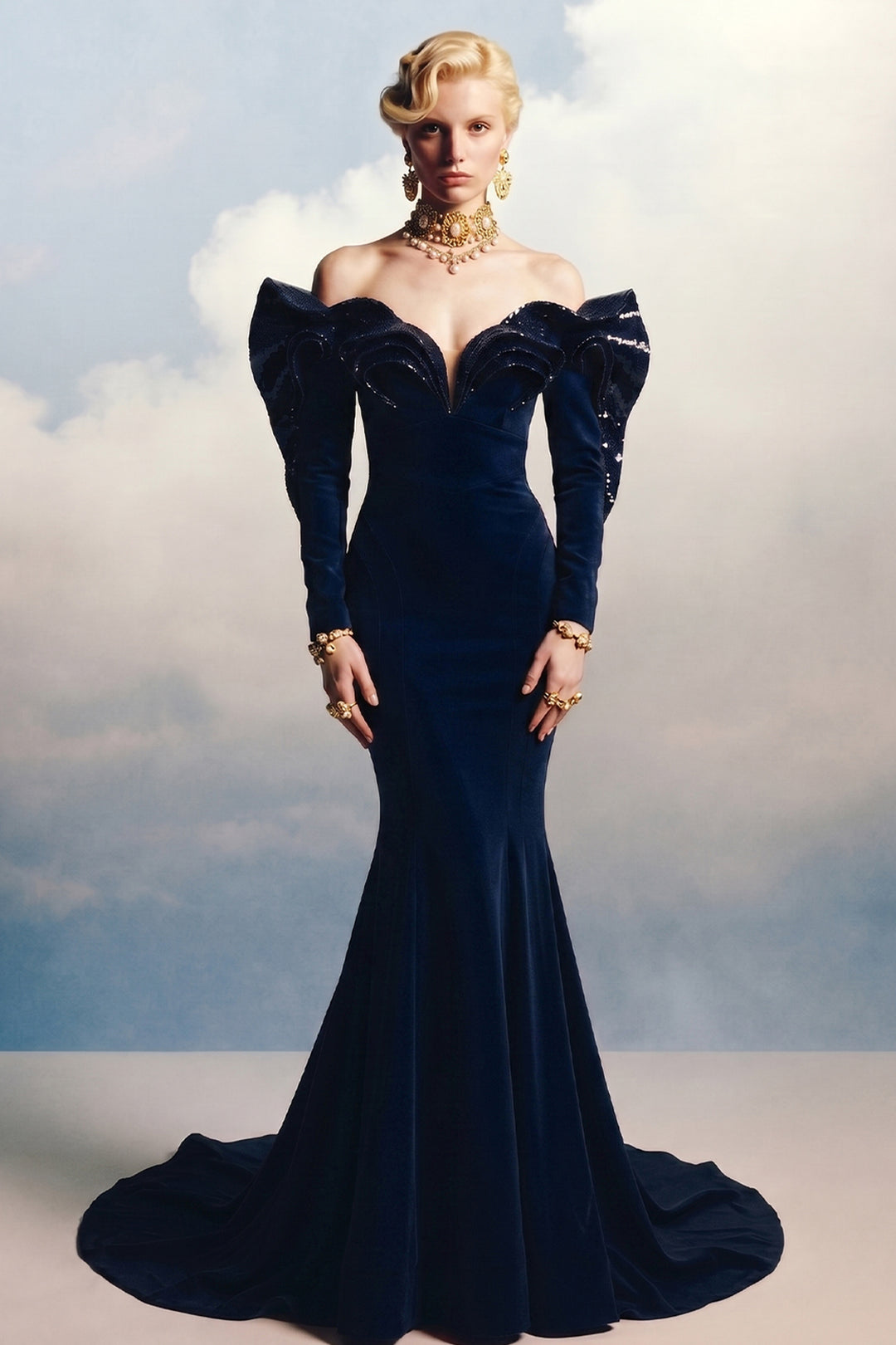 Off-The-Shoulder 3D Ruffled Mermaid Dress Navy / FR 44