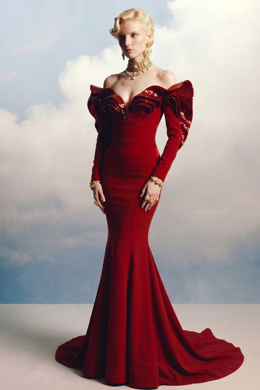 Off-The-Shoulder 3D Ruffled Mermaid Dress