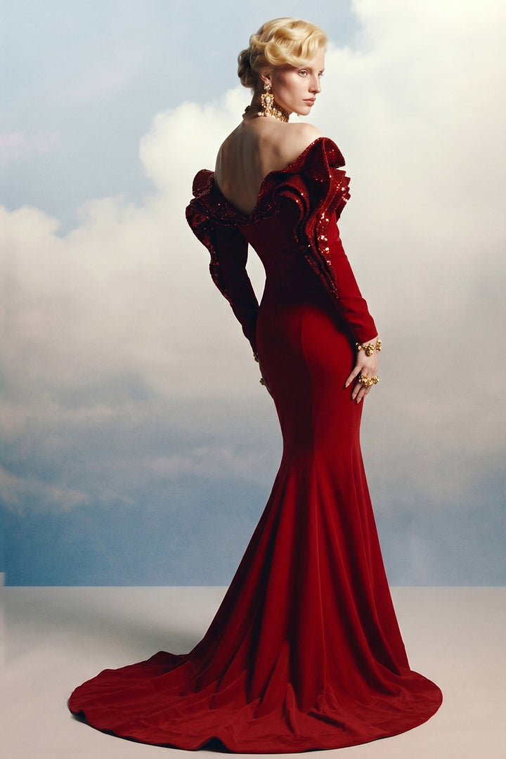 Off-The-Shoulder 3D Ruffled Mermaid Dress