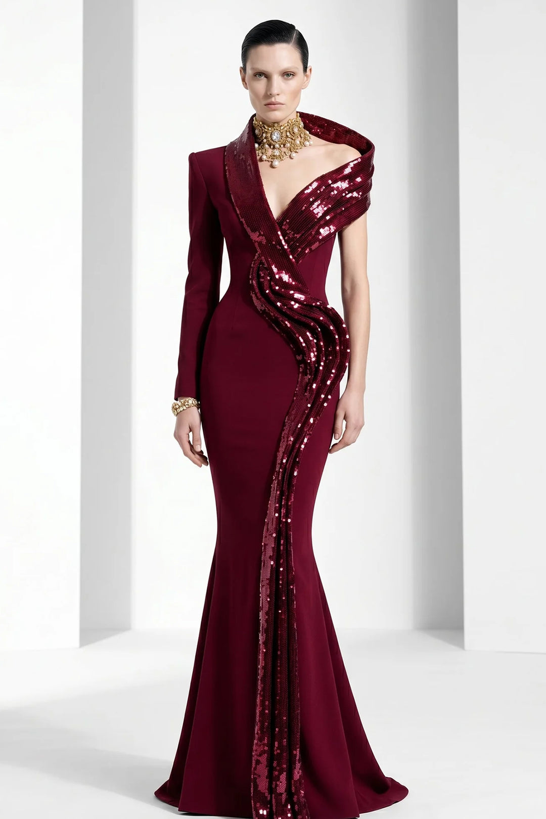 Asymmetrical One Sleeve Mermaid Dress with Sculptural Collar