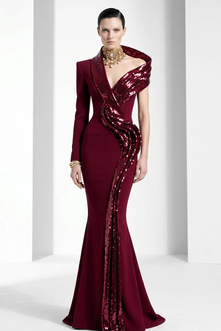 Asymmetrical One Sleeve Mermaid Dress with Sculptural Collar