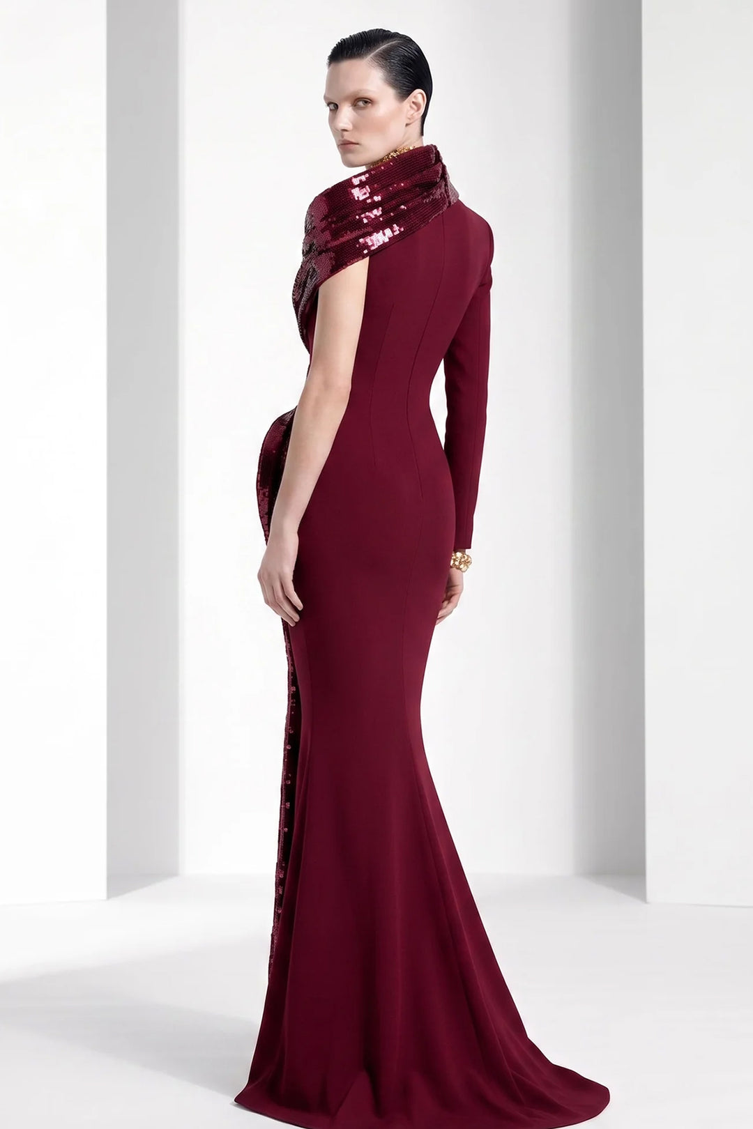 Asymmetrical One Sleeve Mermaid Dress with Sculptural Collar