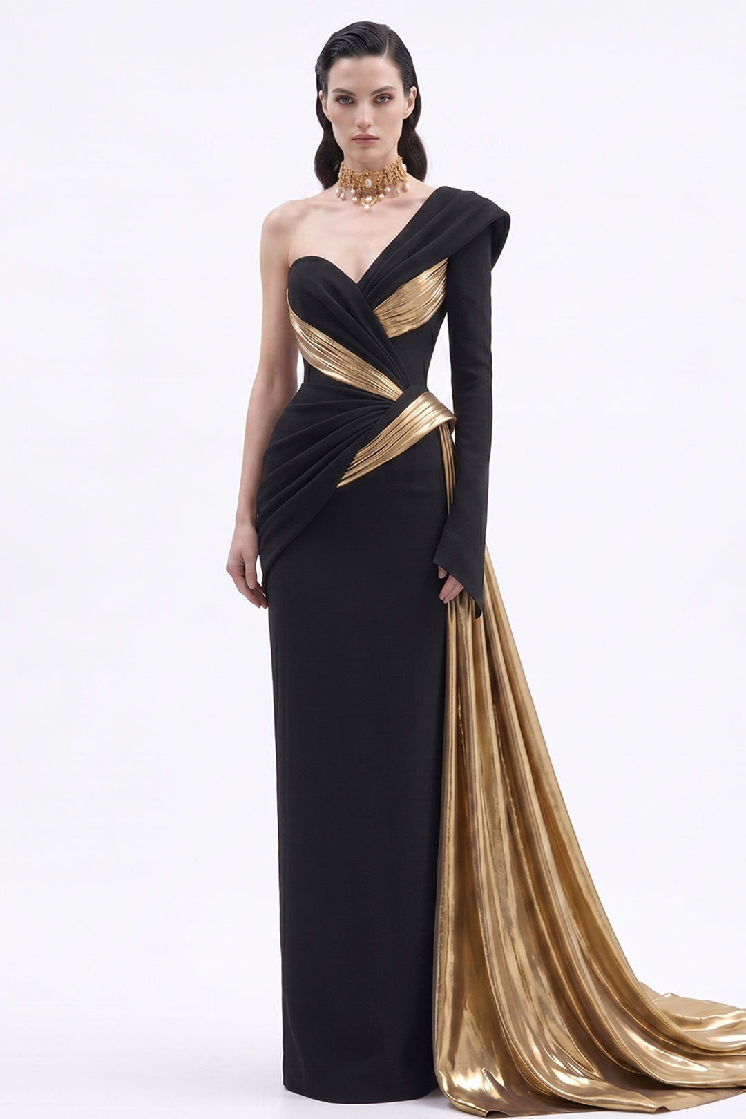Asymmetrical One-Shoulder Column Dress Black / FR 46
