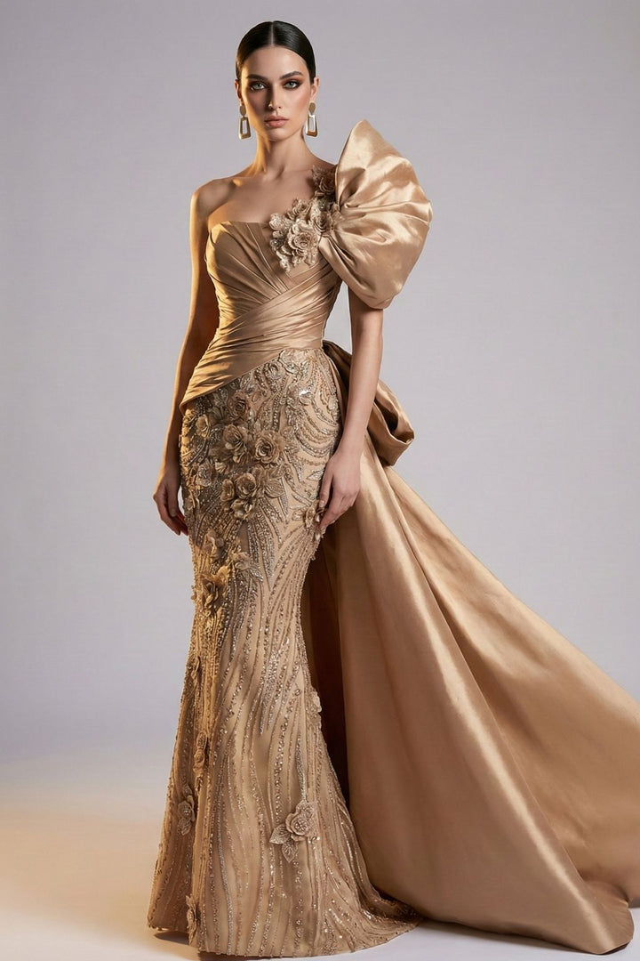 One-Shoulder with Puff Sleeve and 3D Floral Dress