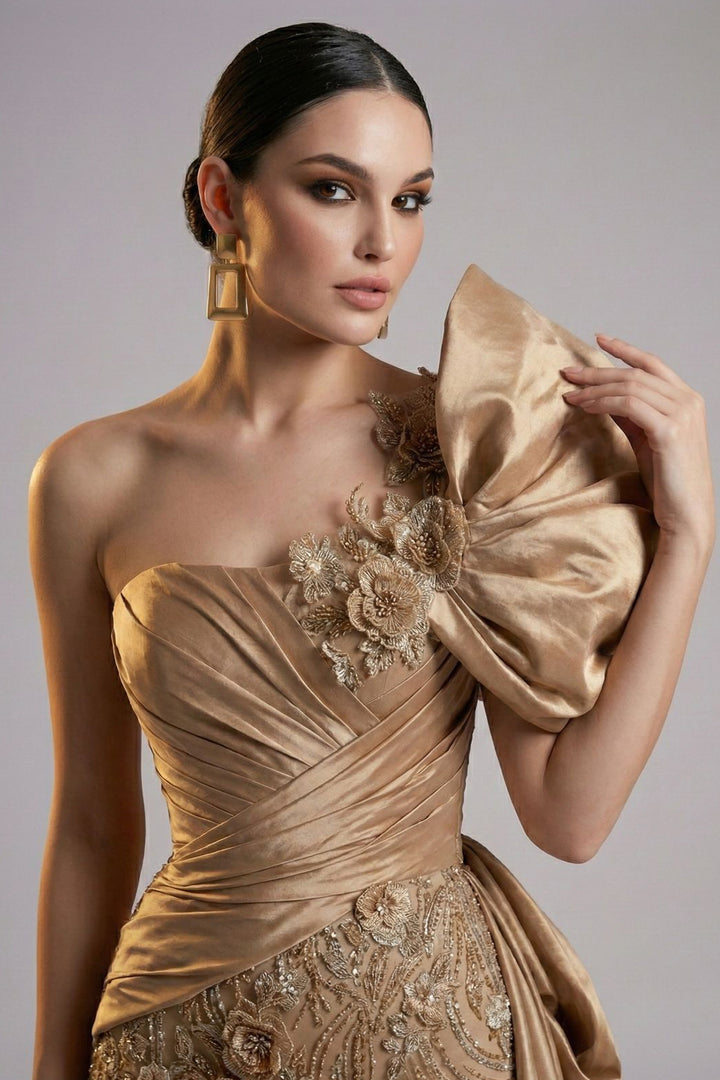 One-Shoulder with Puff Sleeve and 3D Floral Dress