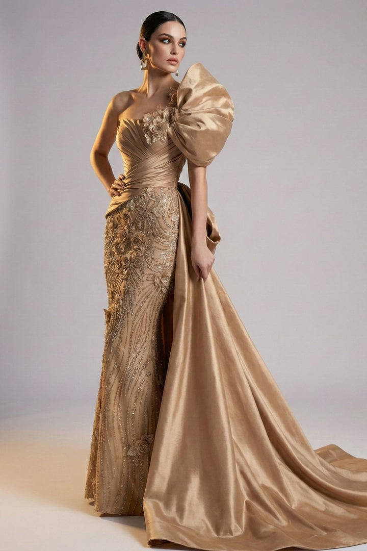 One-Shoulder with Puff Sleeve and 3D Floral Dress