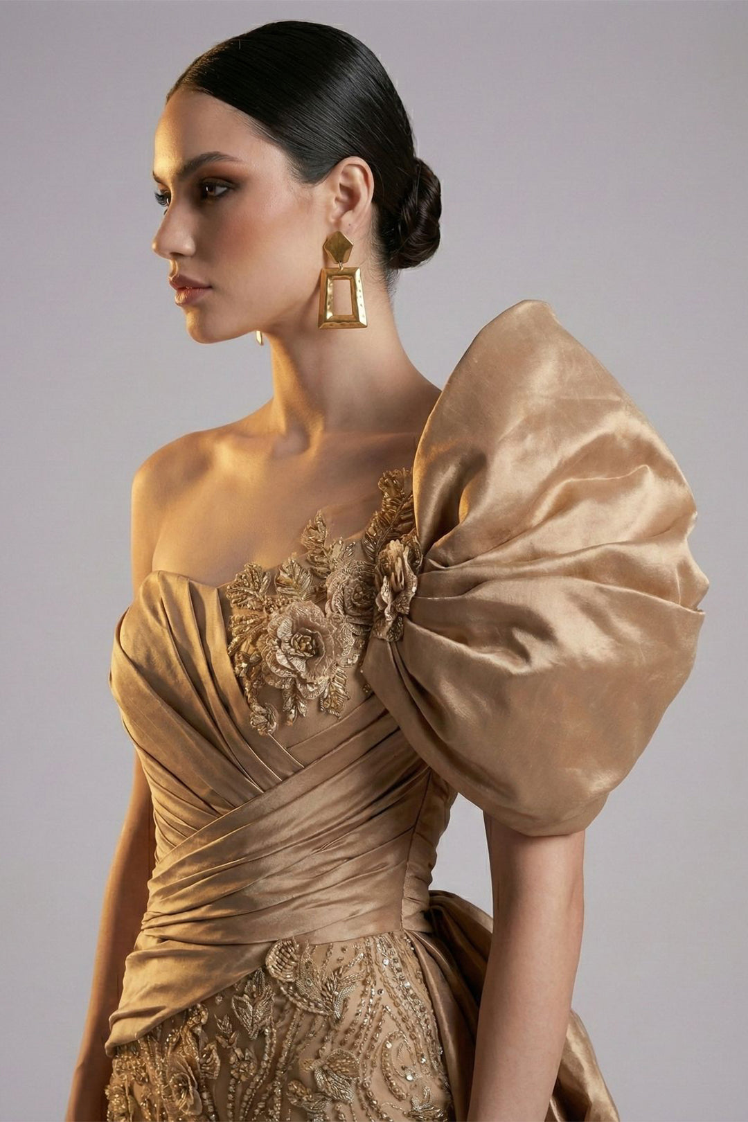 One-Shoulder with Puff Sleeve and 3D Floral Dress