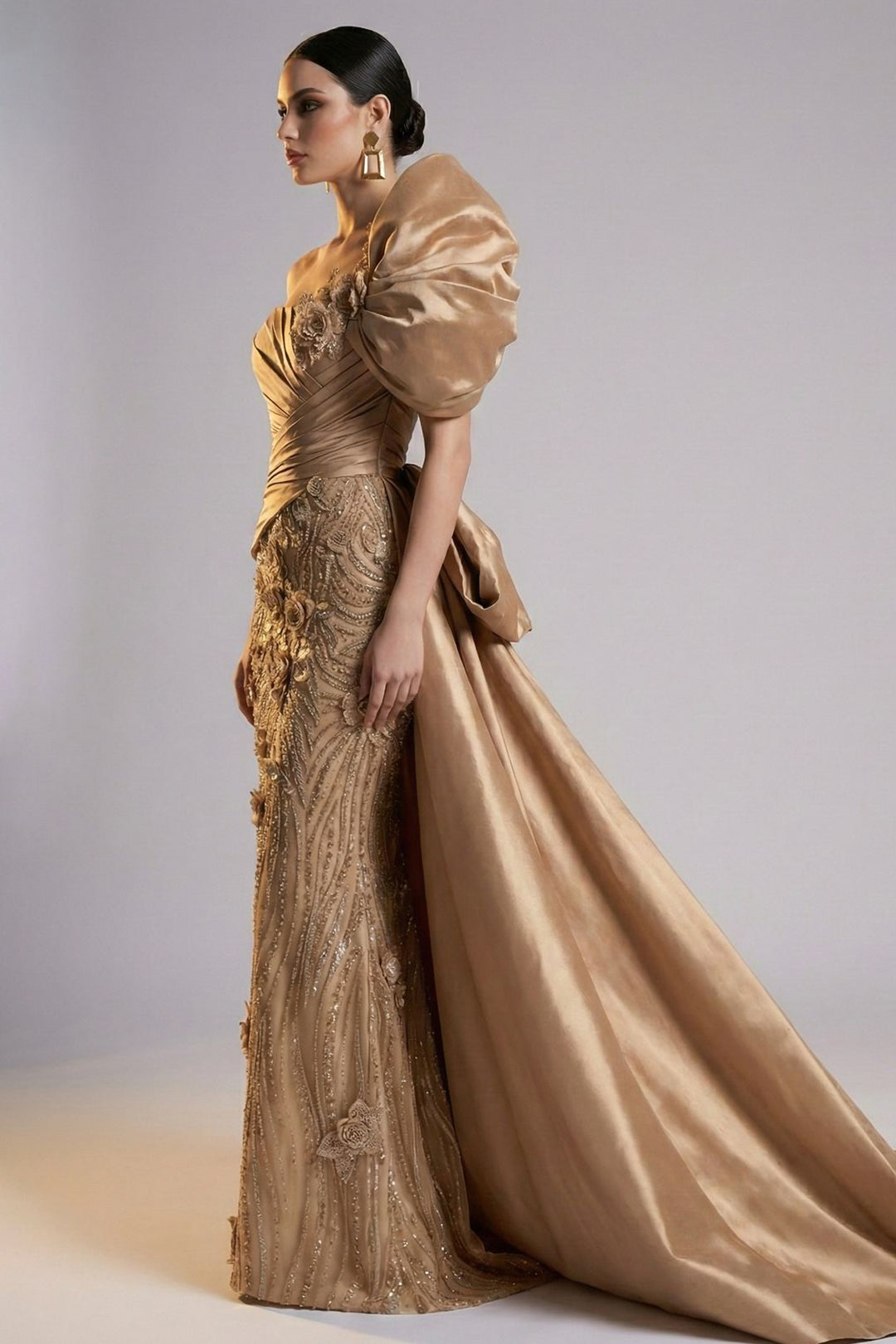 One-Shoulder with Puff Sleeve and 3D Floral Dress