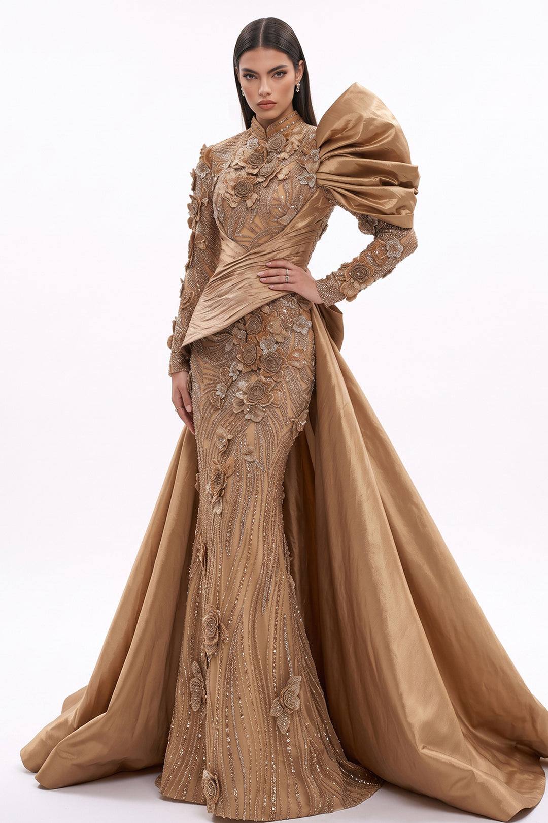 High-Neck Embellished Statement Shoulder Dress