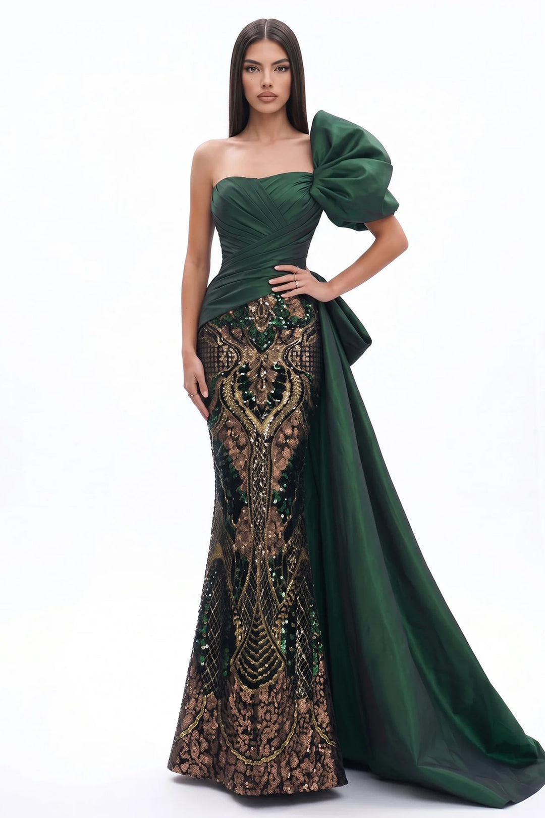 One-Shoulder Pleated Long Dress with Back Train