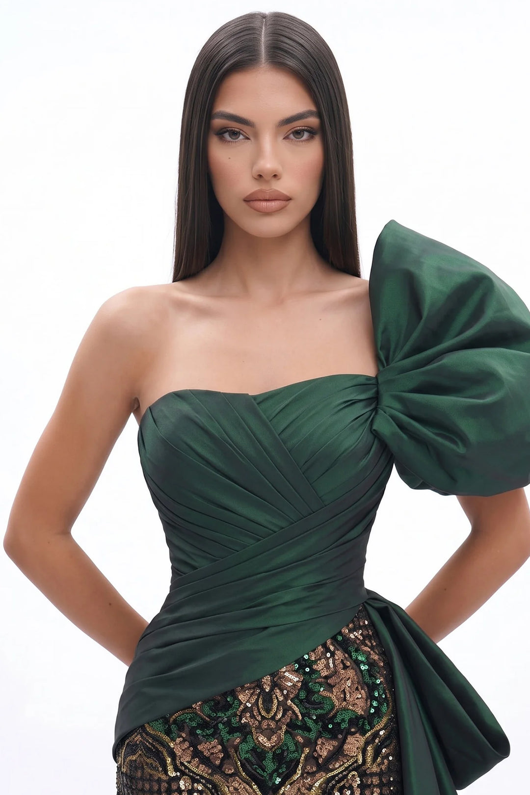 One-Shoulder Pleated Long Dress with Back Train