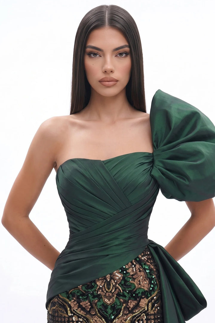 One-Shoulder Pleated Long Dress with Back Train
