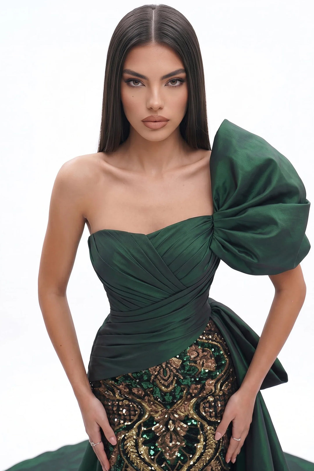 One-Shoulder Pleated Long Dress with Back Train
