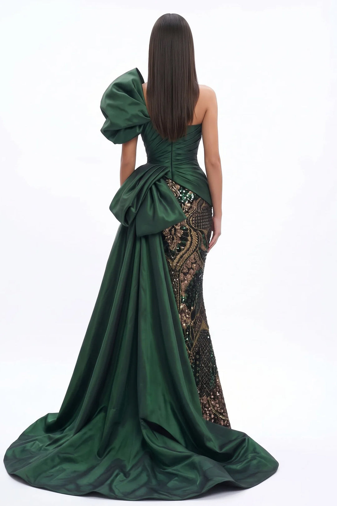 One-Shoulder Pleated Long Dress with Back Train