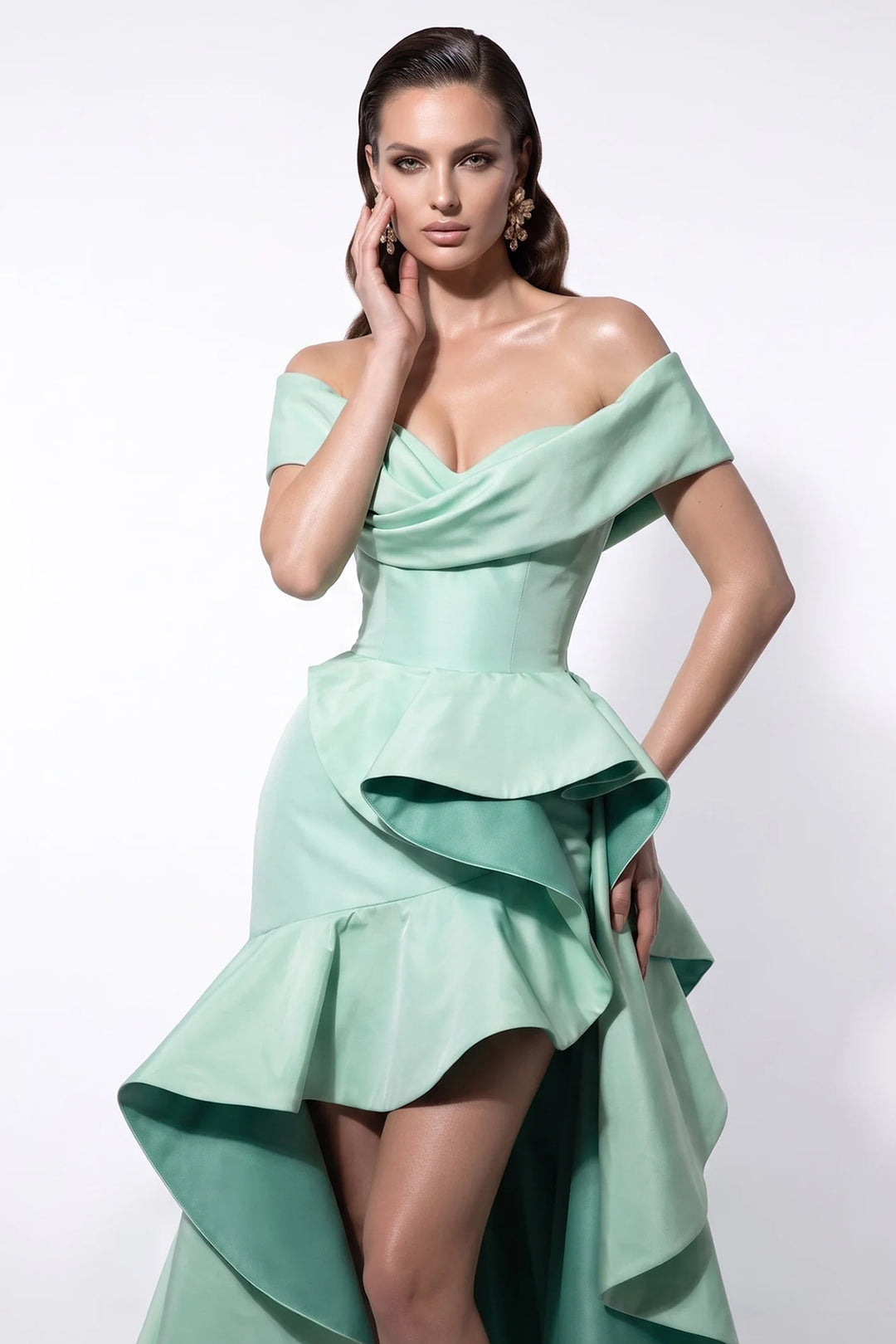 Off-The-Shoulder Draped High-Low Ruffled Dress