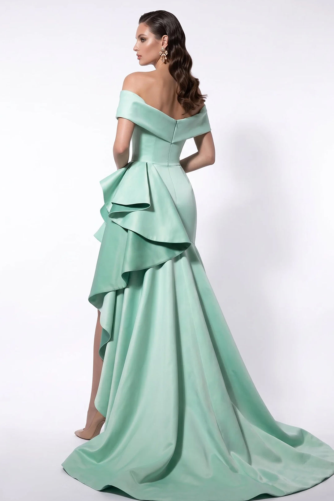 Off-The-Shoulder Draped High-Low Ruffled Dress