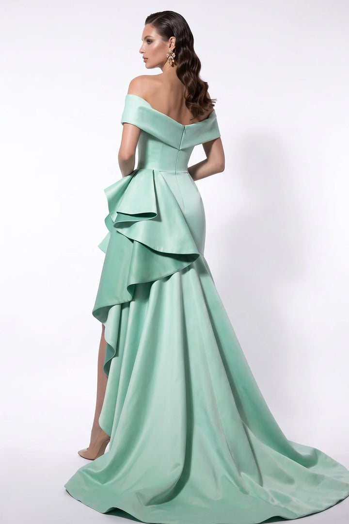 Off-The-Shoulder Draped High-Low Ruffled Dress