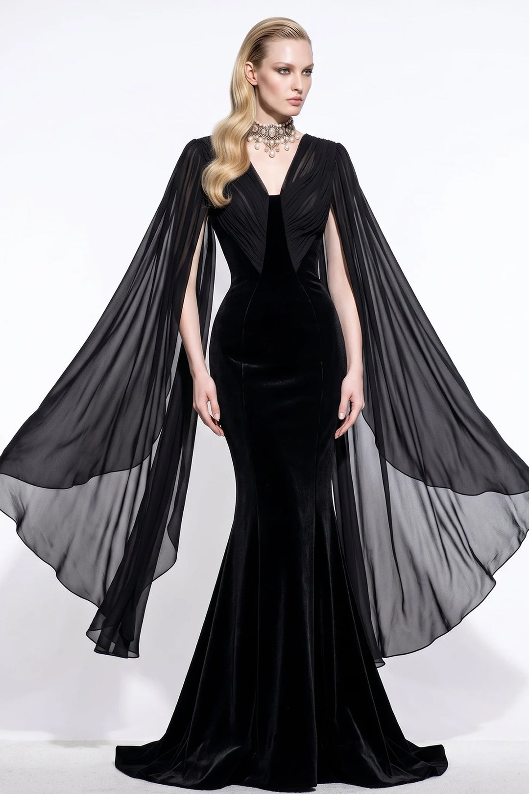 V-Neck Mermaid Dress with Sheer Cape Sleeves