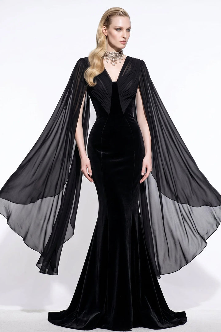 V-Neck Mermaid Dress with Sheer Cape Sleeves
