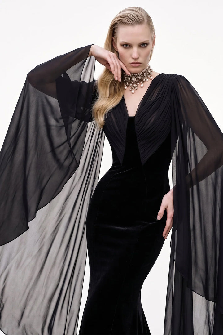 V-Neck Mermaid Dress with Sheer Cape Sleeves
