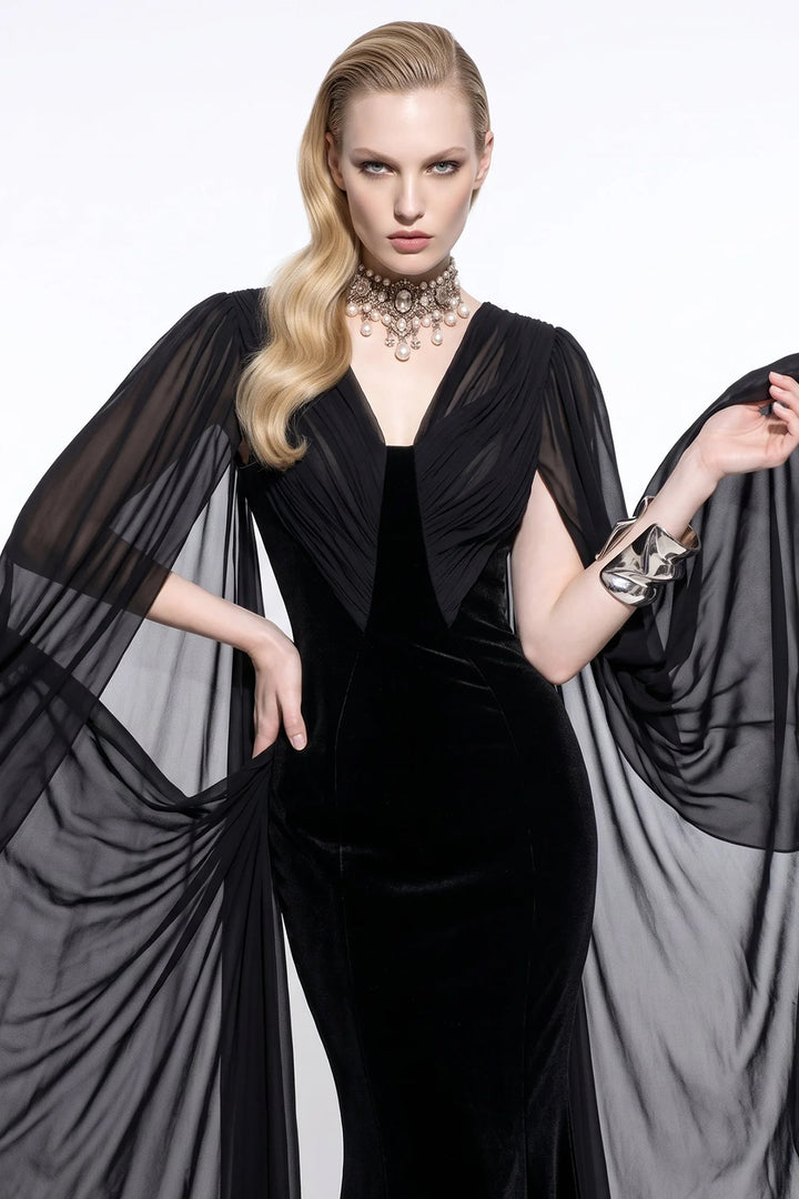 V-Neck Mermaid Dress with Sheer Cape Sleeves