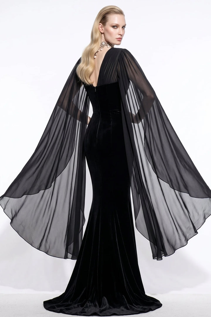 V-Neck Mermaid Dress with Sheer Cape Sleeves