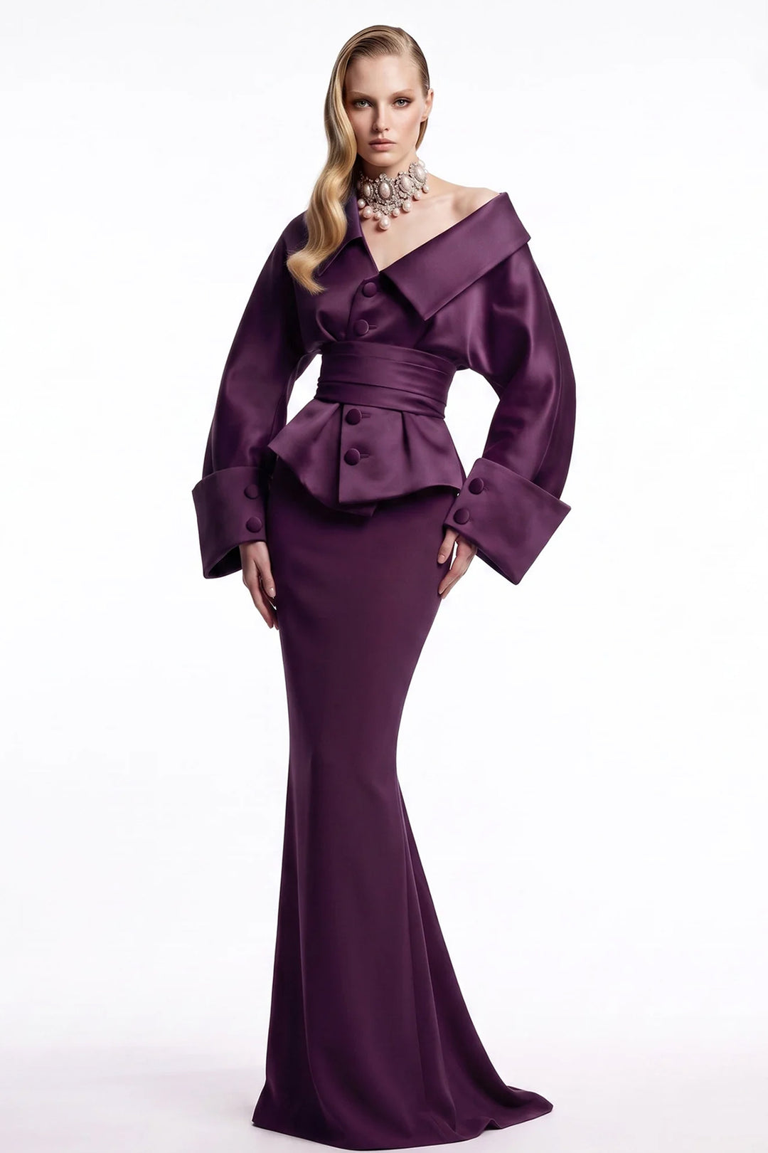 Plum Button-Front Dress with Voluminous Sleeves