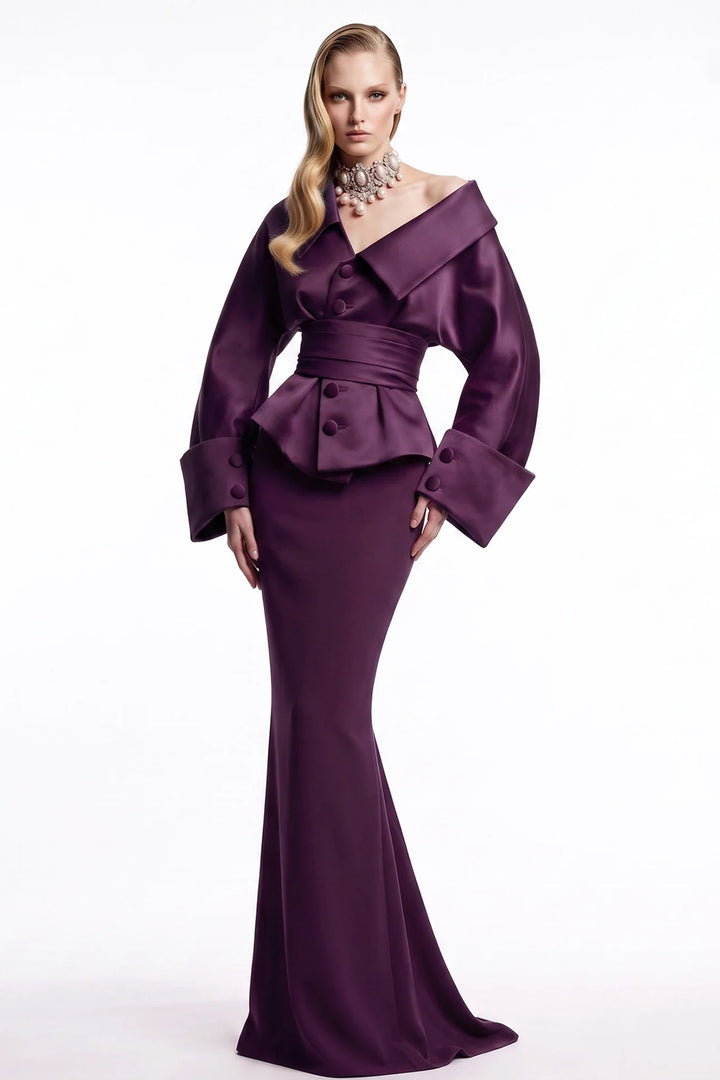 Plum Button-Front Dress with Voluminous Sleeves