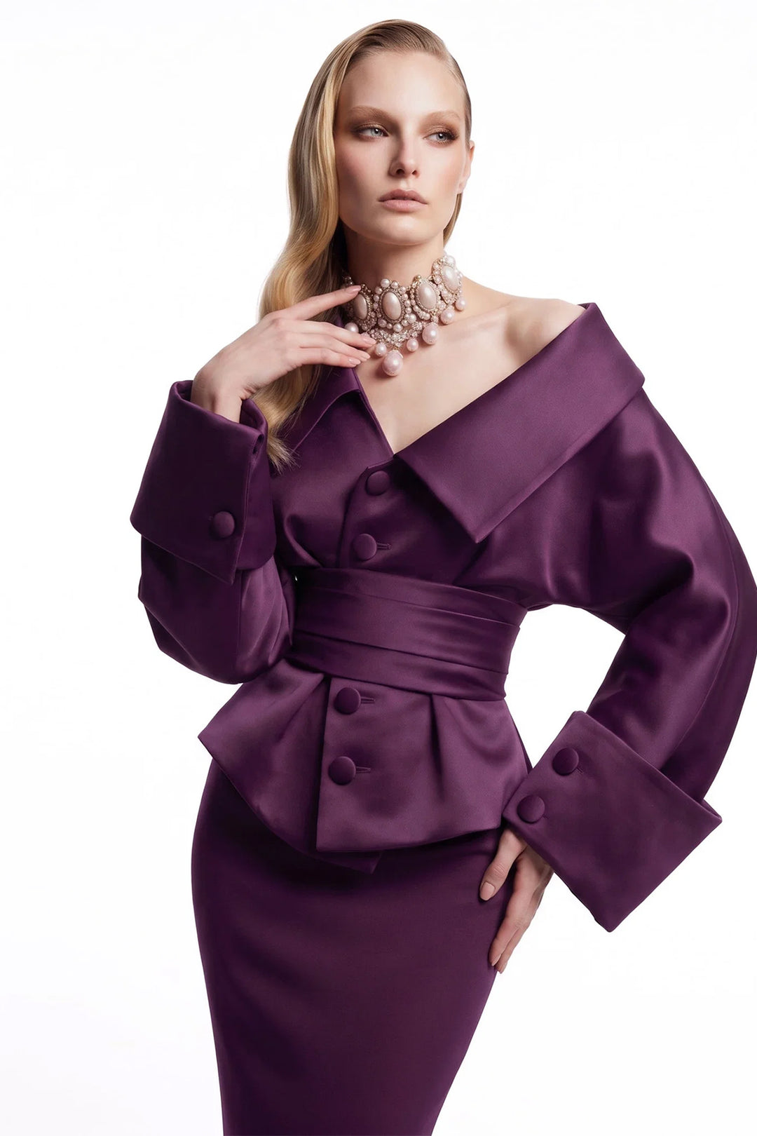 Plum Button-Front Dress with Voluminous Sleeves