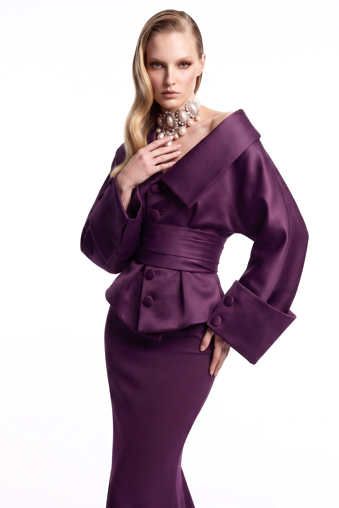 Plum Button-Front Dress with Voluminous Sleeves