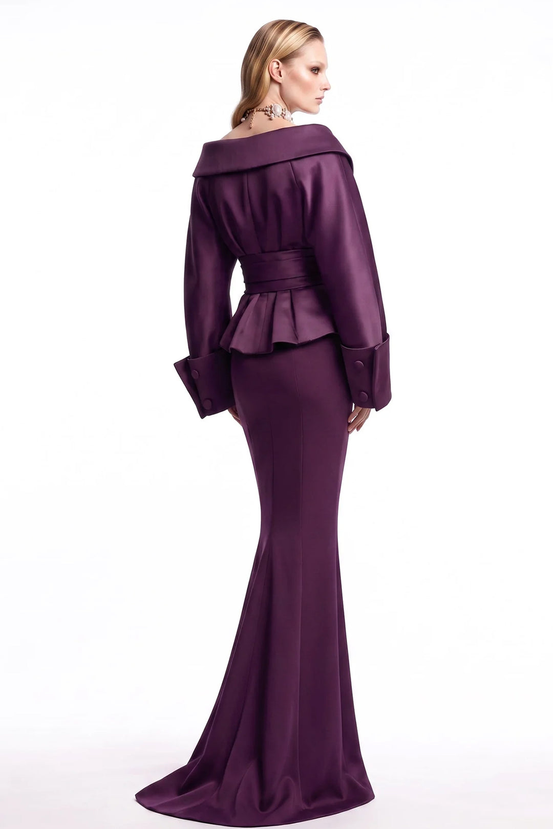 Plum Button-Front Dress with Voluminous Sleeves