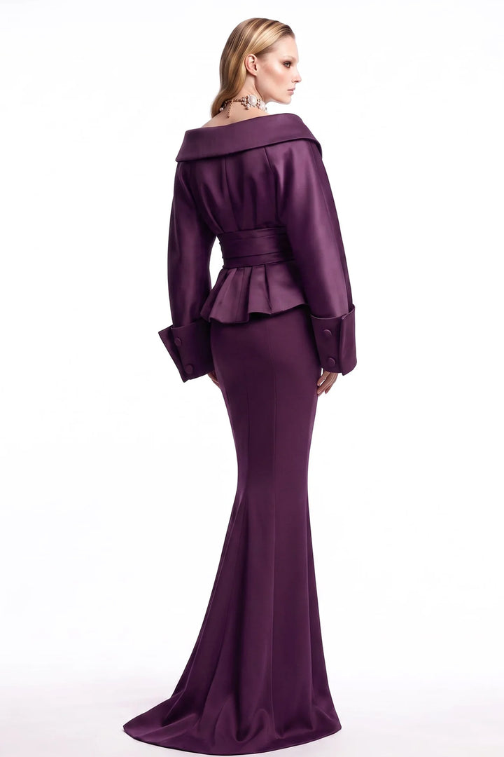 Plum Button-Front Dress with Voluminous Sleeves