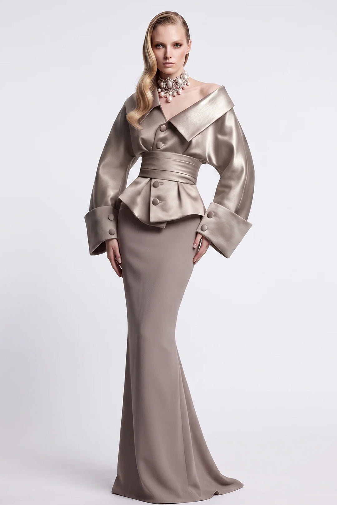 Button Front Dress with Voluminous Long Sleeves