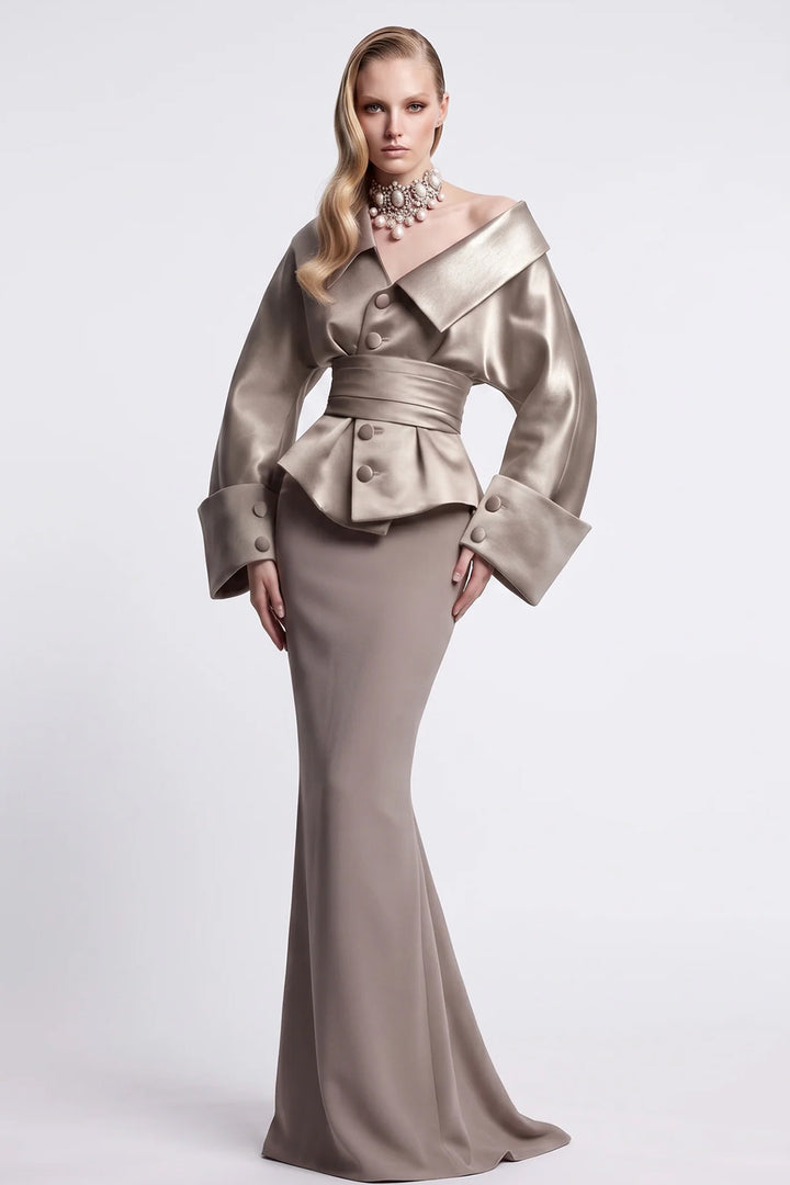 Button Front Dress with Voluminous Long Sleeves