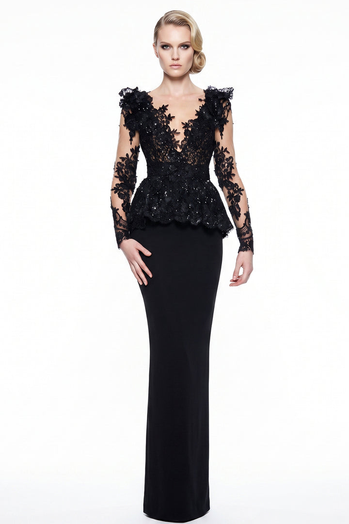 Embellished Lace Peplum with Column Dress
