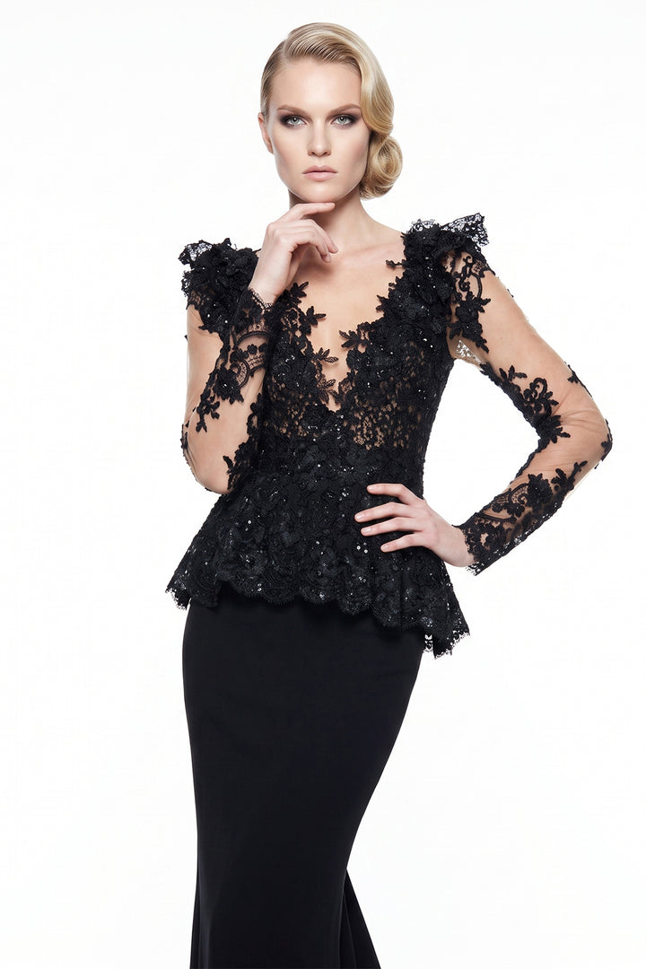 Embellished Lace Peplum with Column Dress