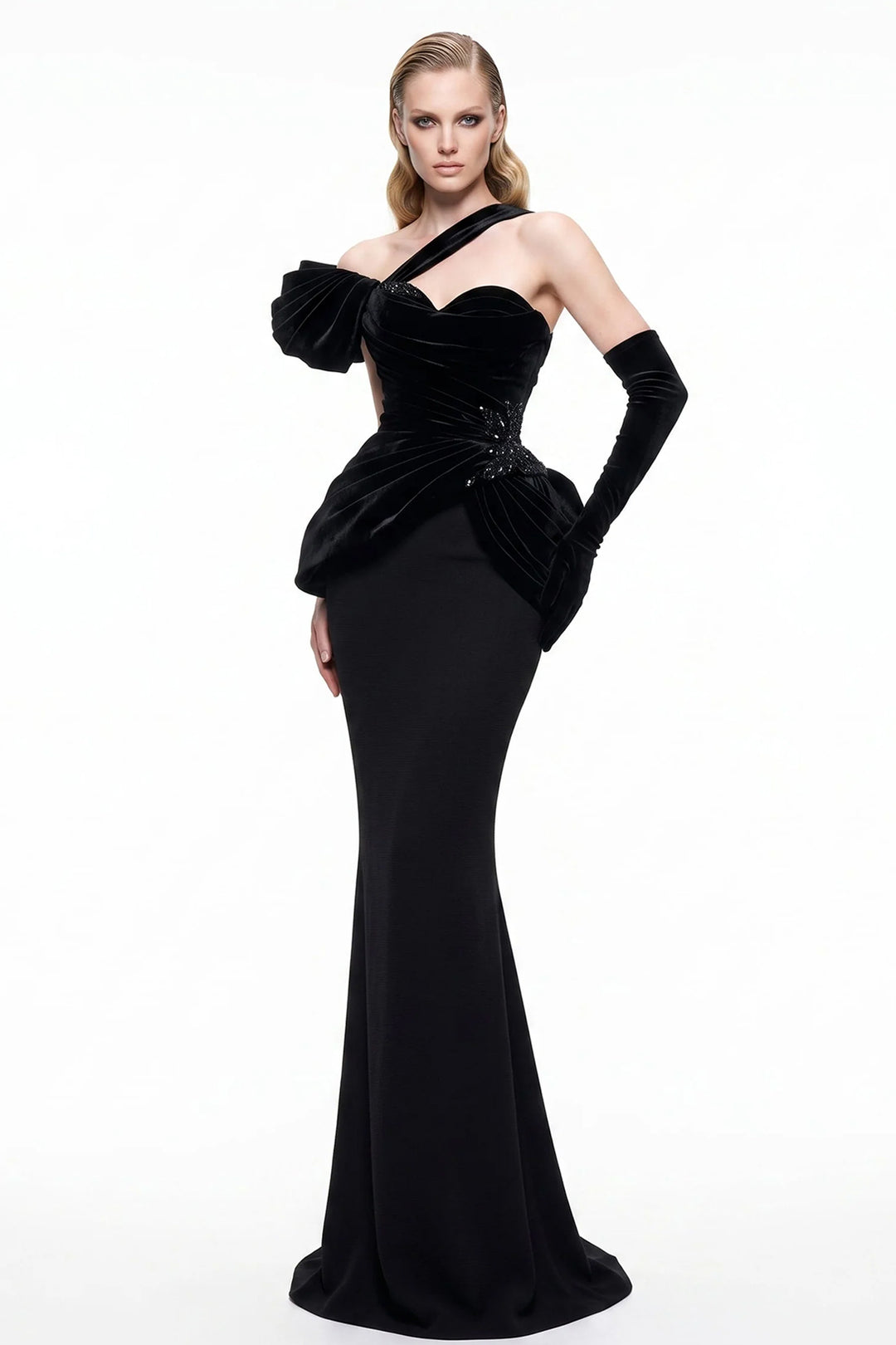 Asymmetrical Velvet Puff Sleeve with Column Dress