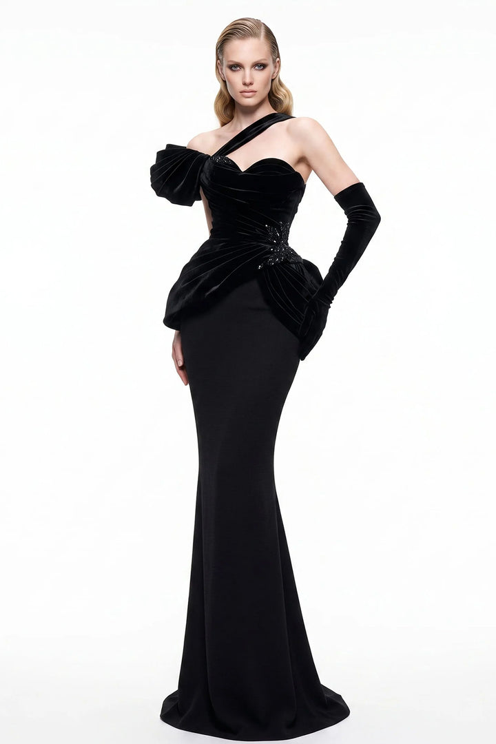 Asymmetrical Velvet Puff Sleeve with Column Dress