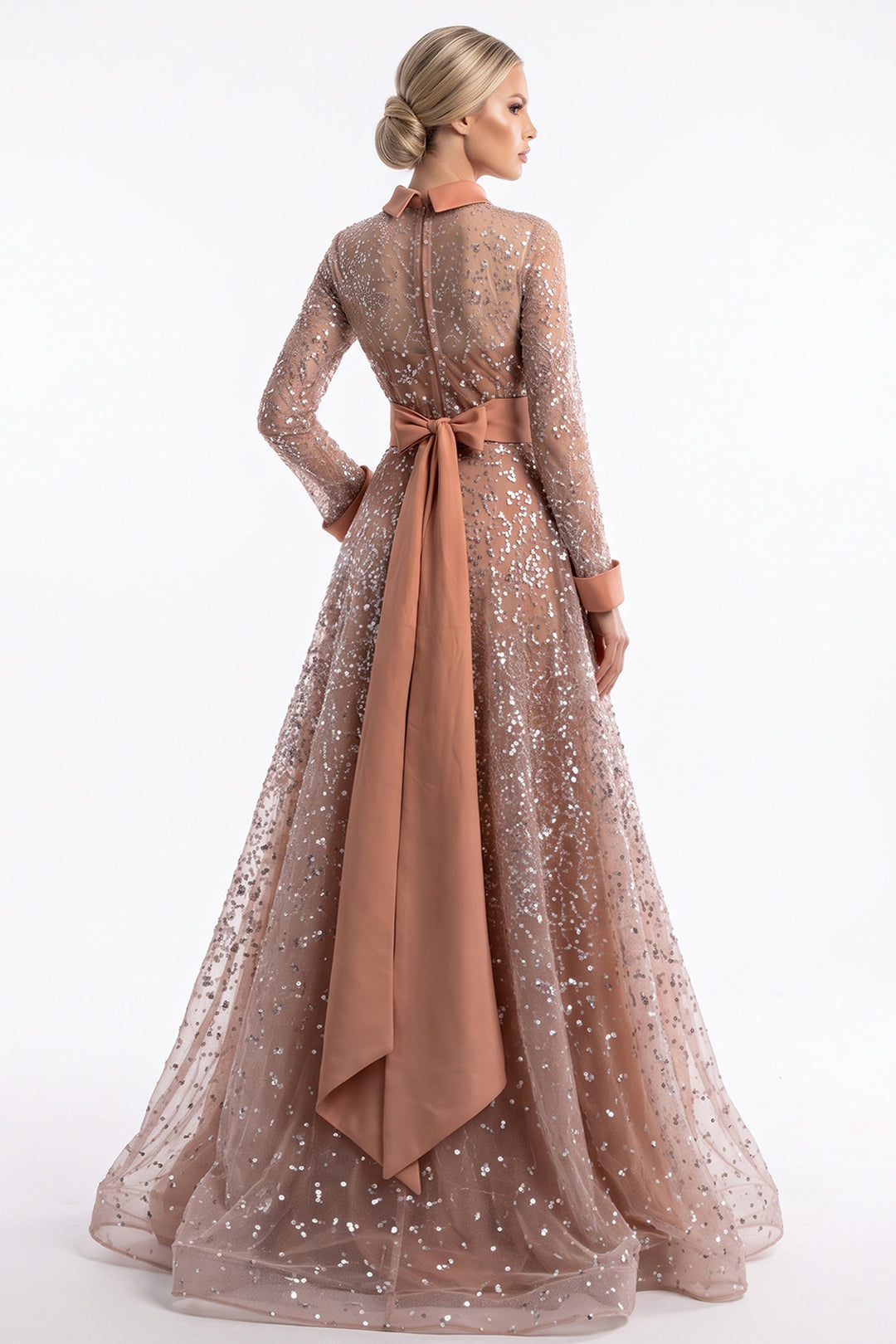 High-Collar Embellished Overskirt Dress