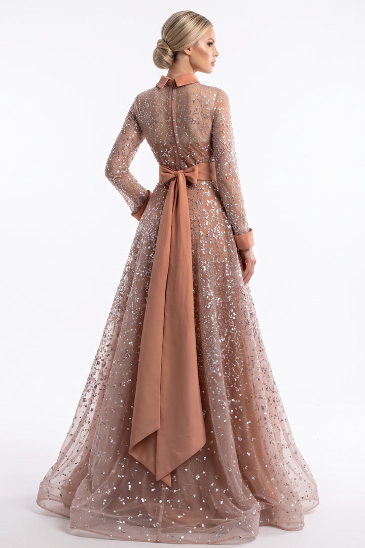 High-Collar Embellished Overskirt Dress