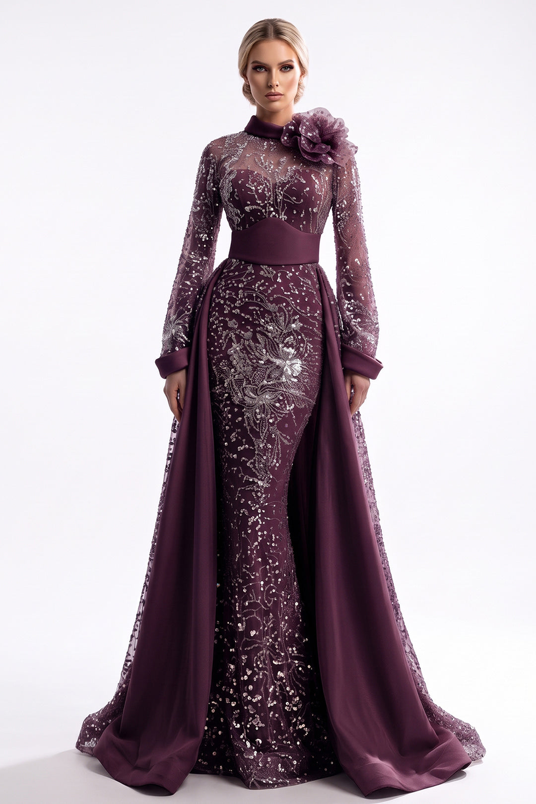 High-Collar Embellished Overskirt Dress