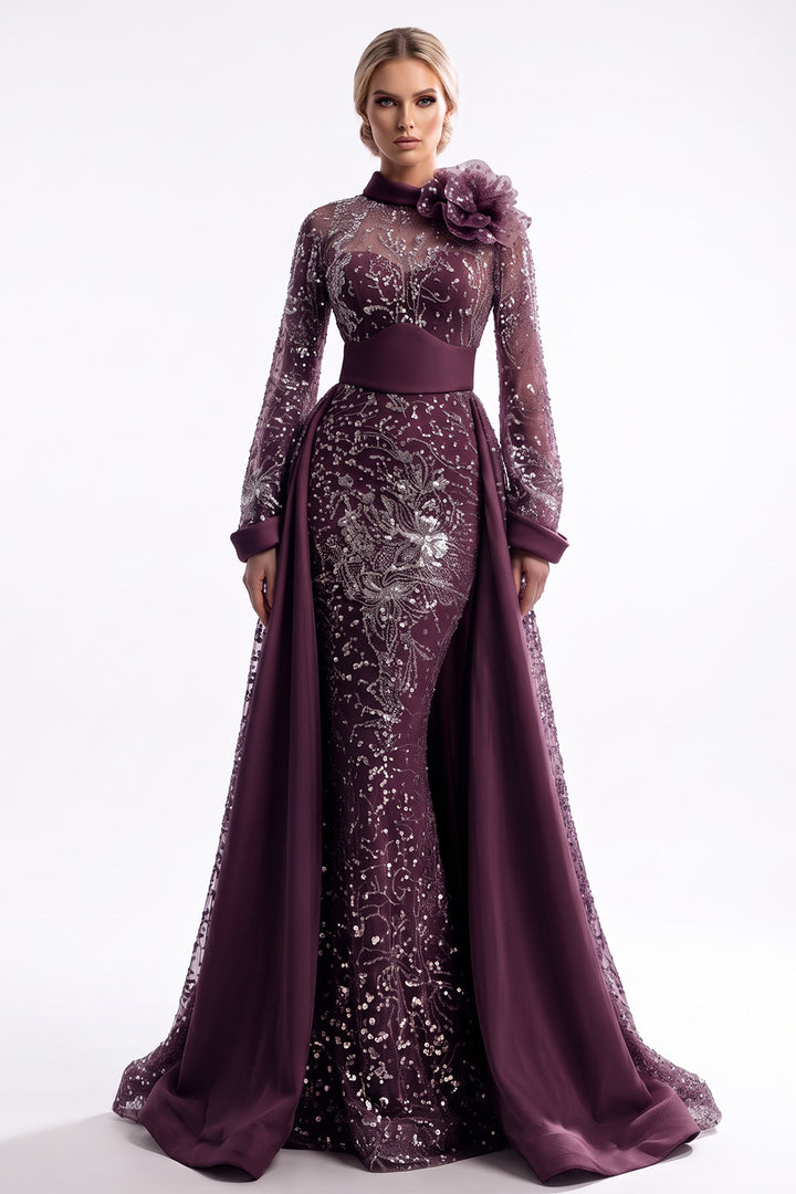 High-Collar Embellished Overskirt Dress