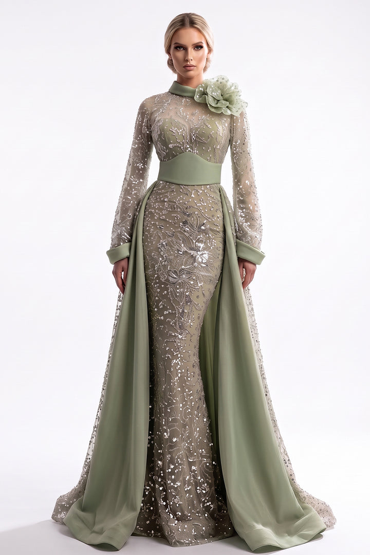 High-Collar Embellished Overskirt Dress