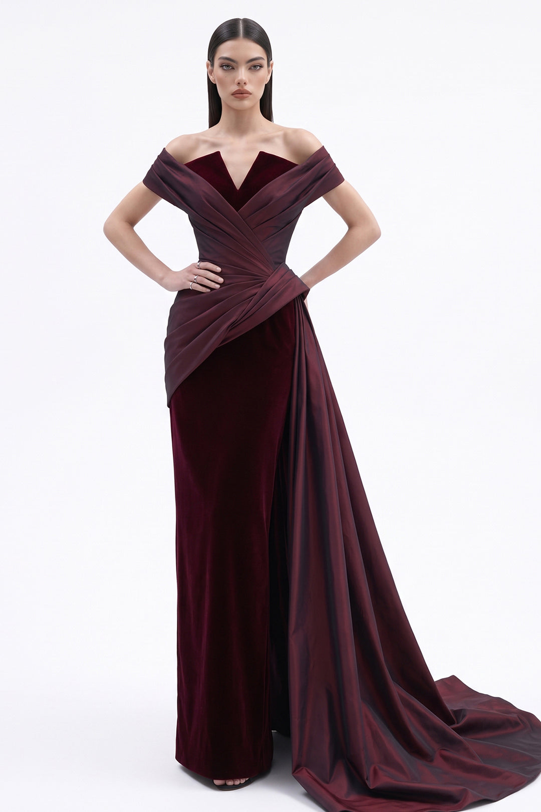 Off-The-Shoulder Draped with Velvet Dress