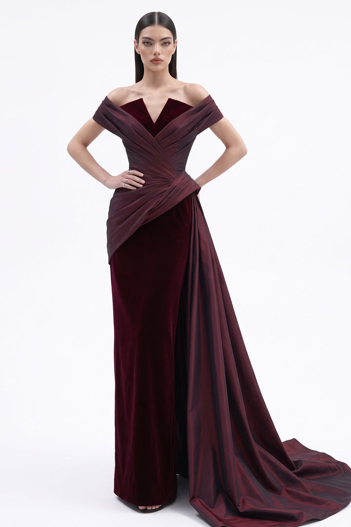 Off-The-Shoulder Draped with Velvet Dress