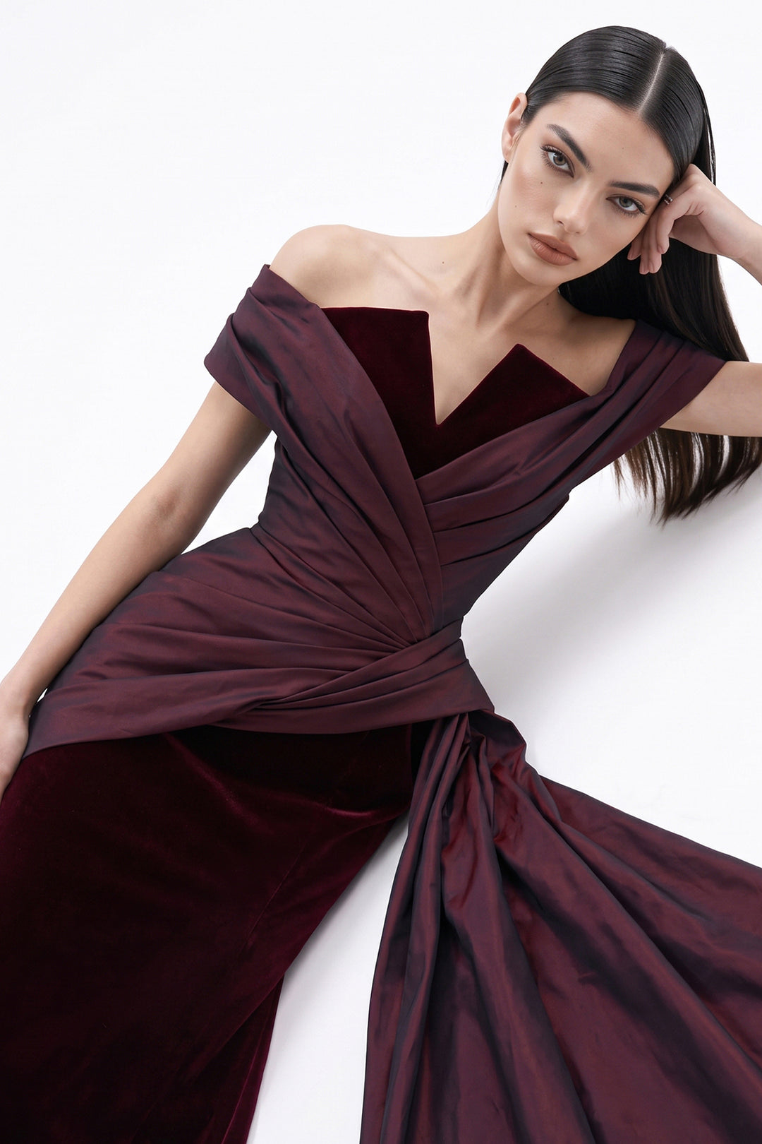 Off-The-Shoulder Draped with Velvet Dress