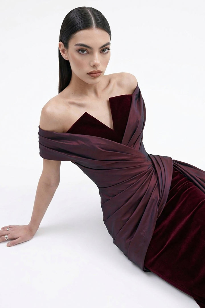 Off-The-Shoulder Draped with Velvet Dress